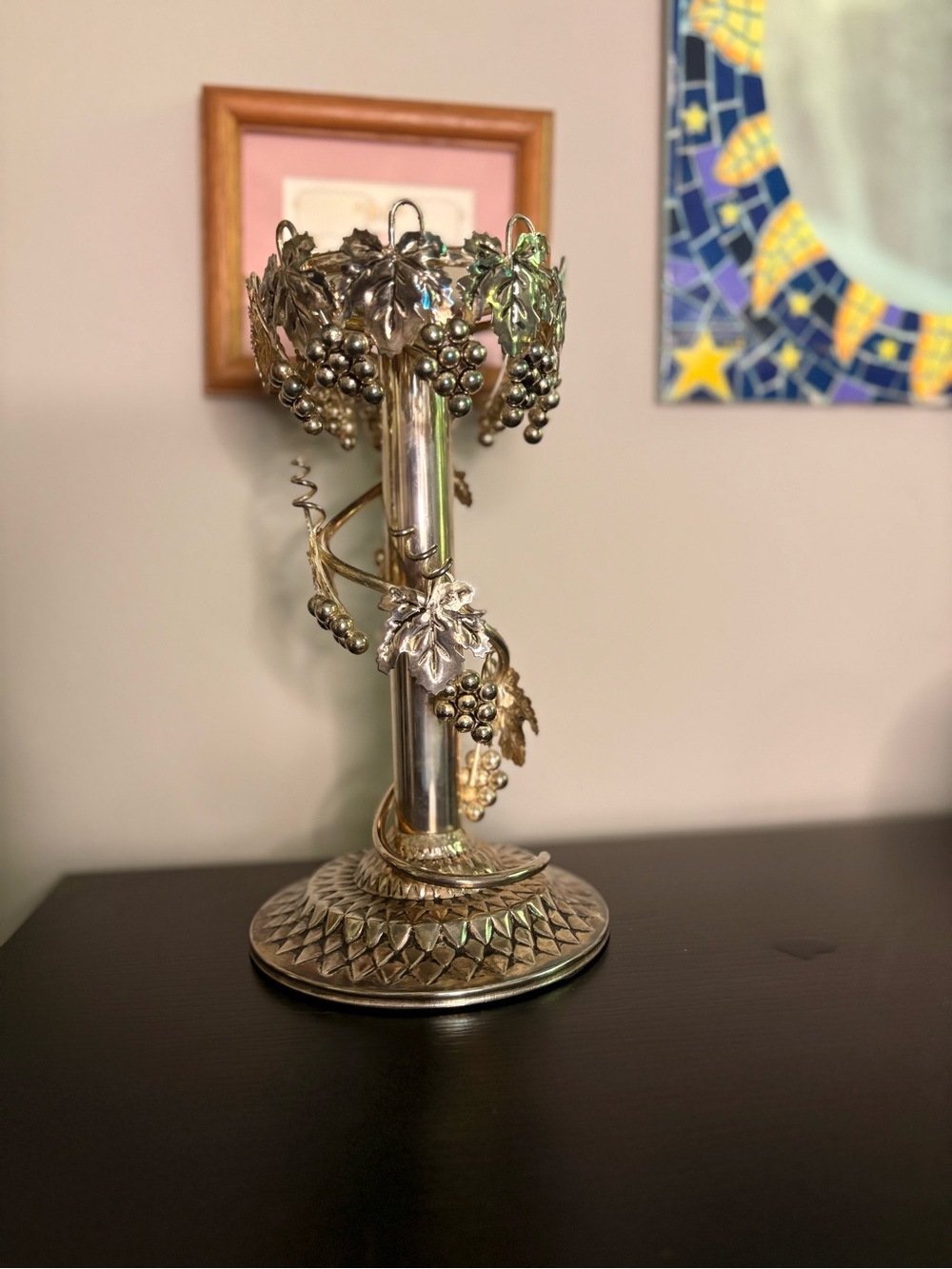 Ornate Silver Grape Vine Candle Holder by